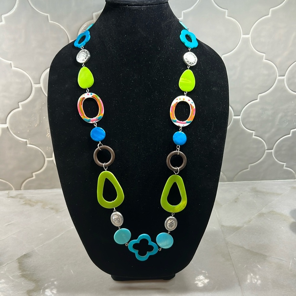 Lime Green, Turquoise Blue White Necklace.  Glass Costume Jewelry